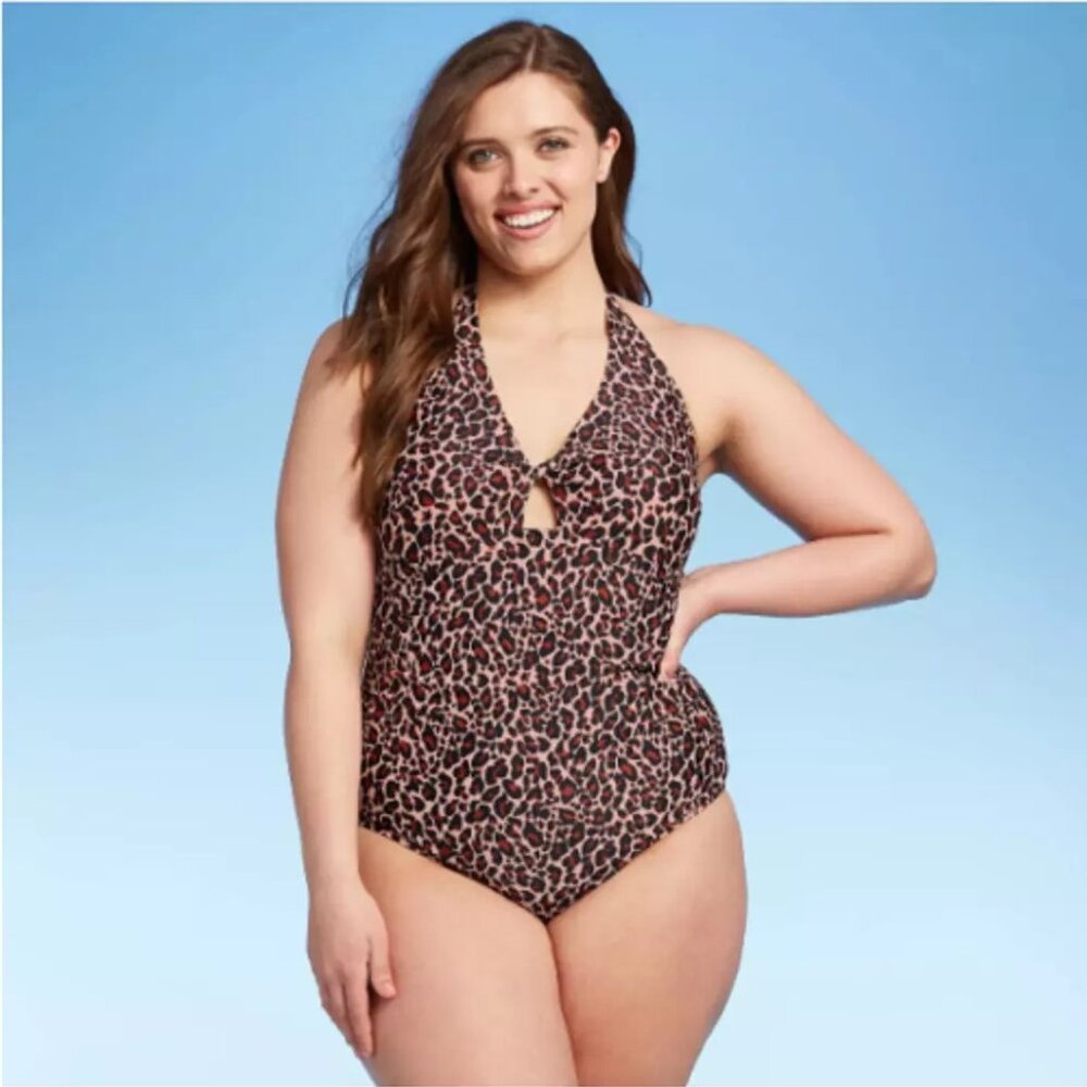 KONA SOL Women's One Piece Swimsuit Halter Leopard Print Size 14W